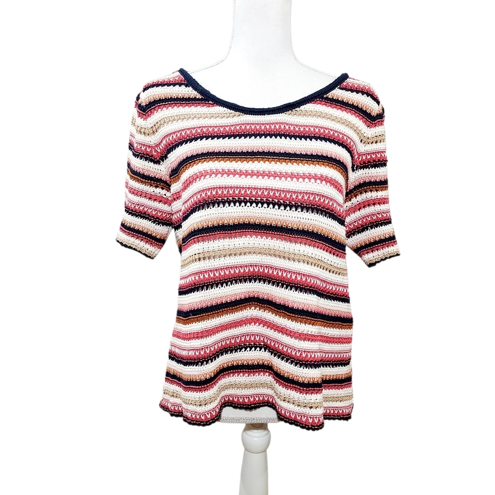 Gap Cotton Stripe Crochet Short Sleeved Sweater L